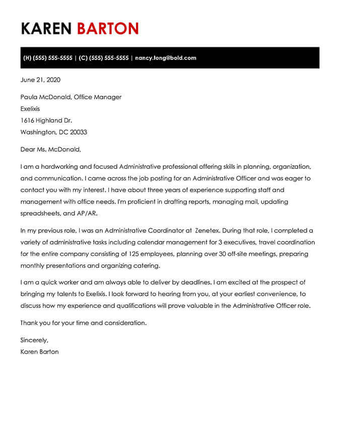 Administrative officer cover letter format