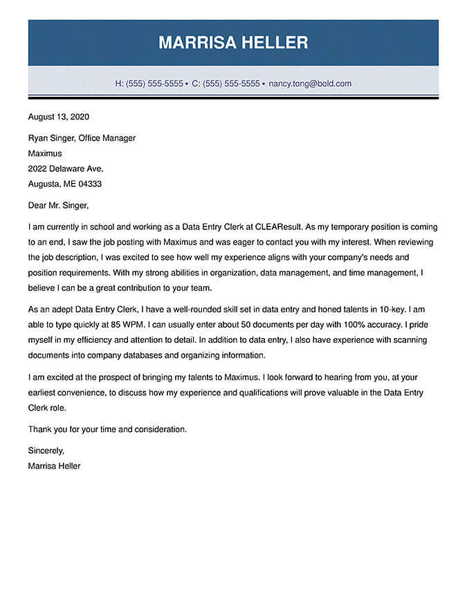 Data Entry Clerk cover letter format