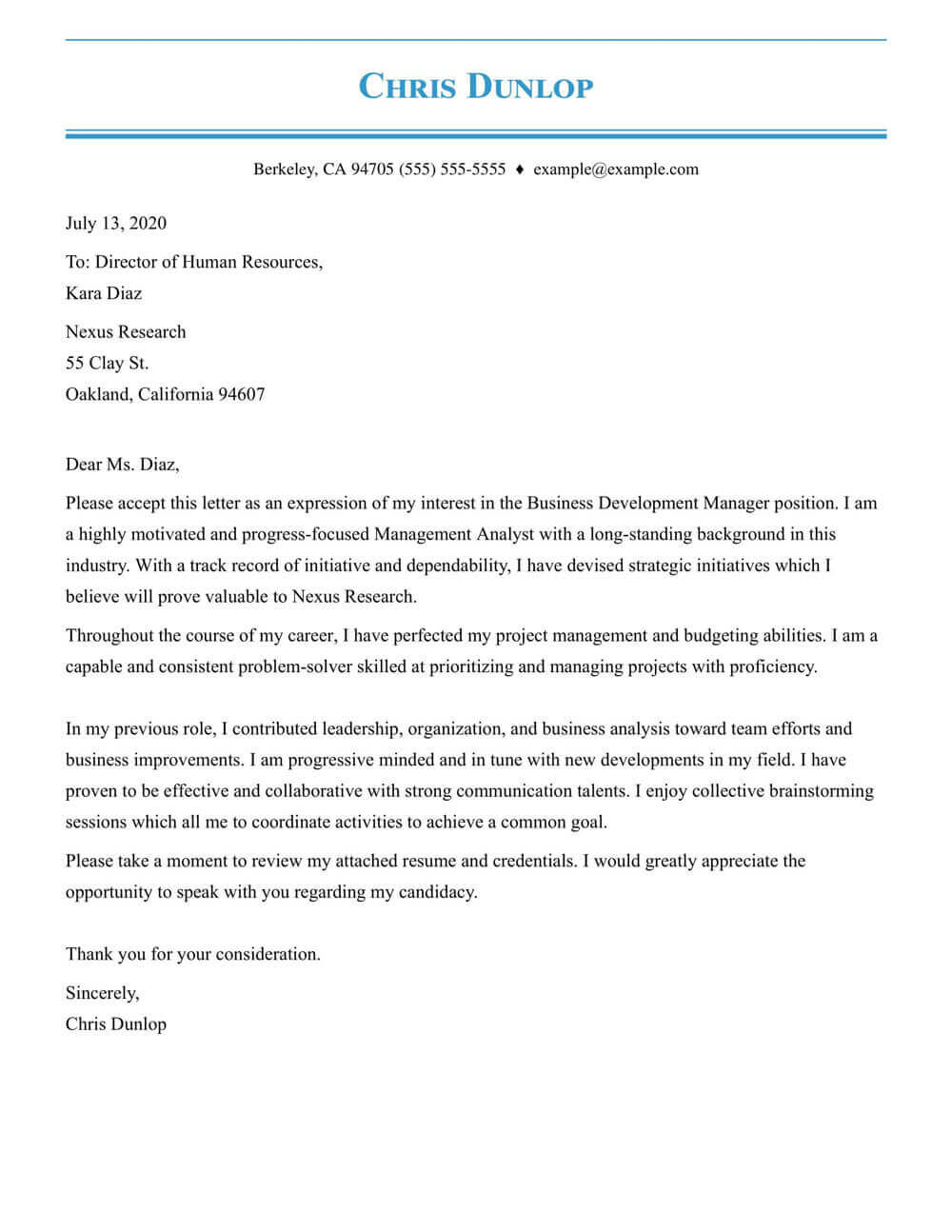 Business Development Manager Business Development Manager cover letter