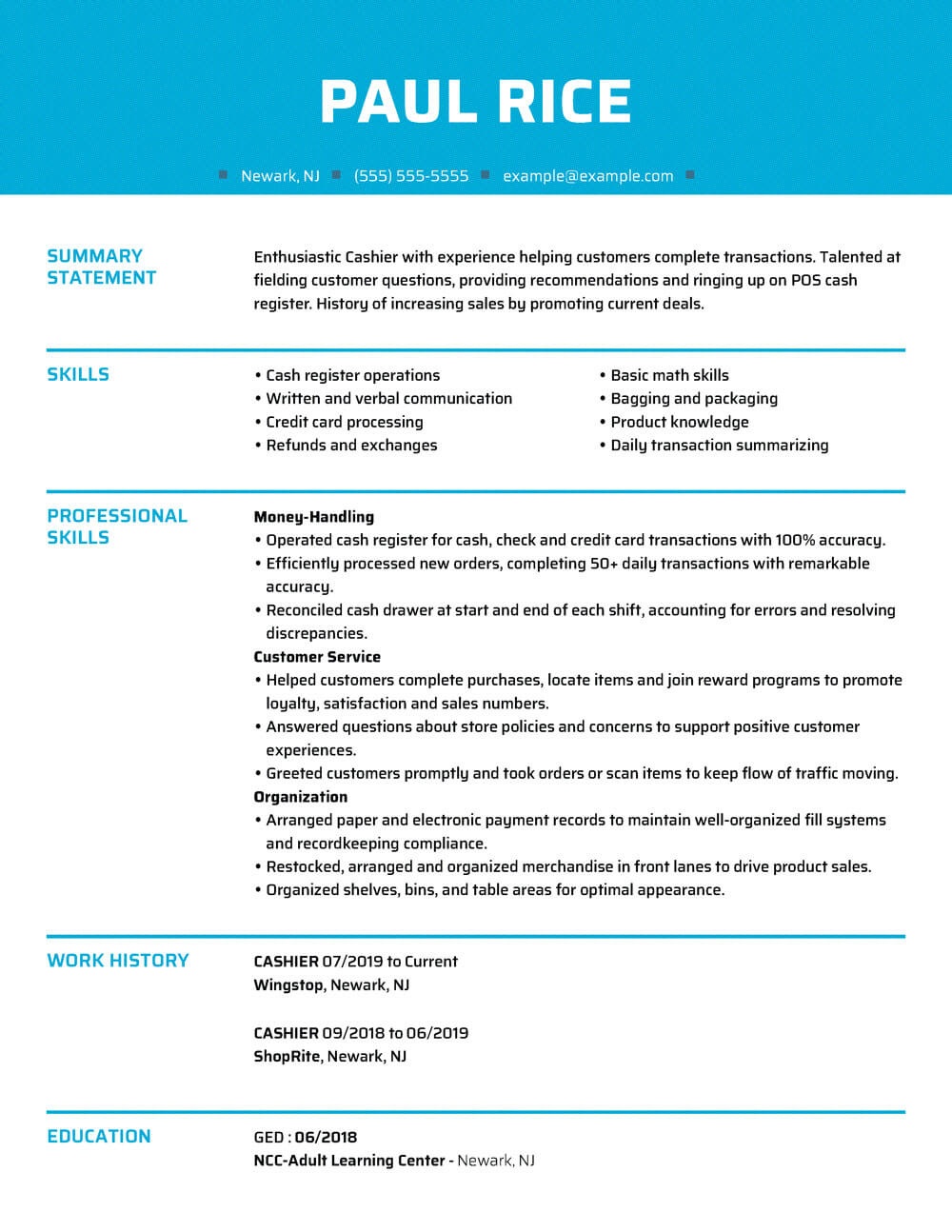 Cashier resume example