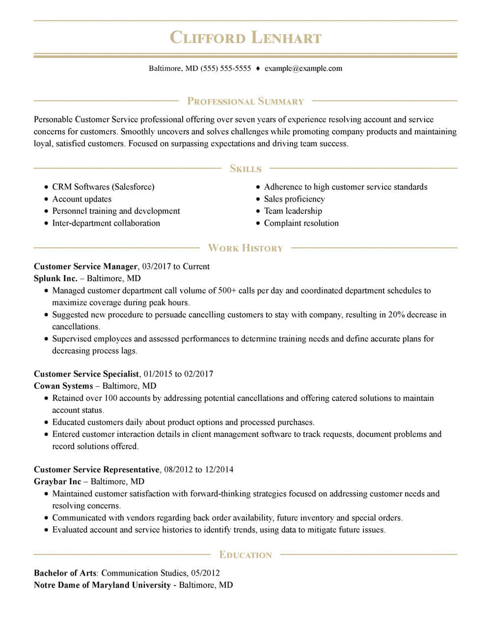 Customer Service Manager resume sample