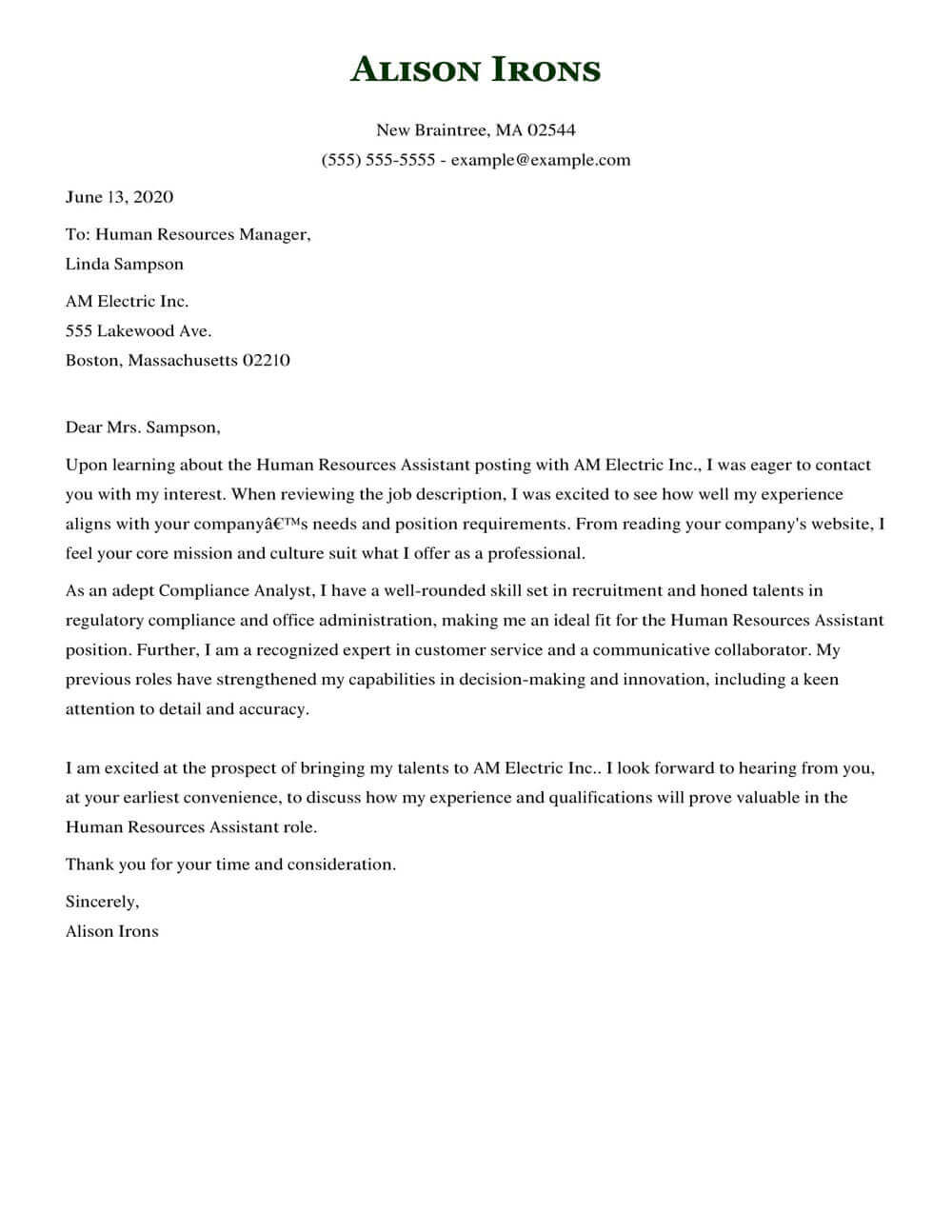 Human Resources Assistant cover letter example