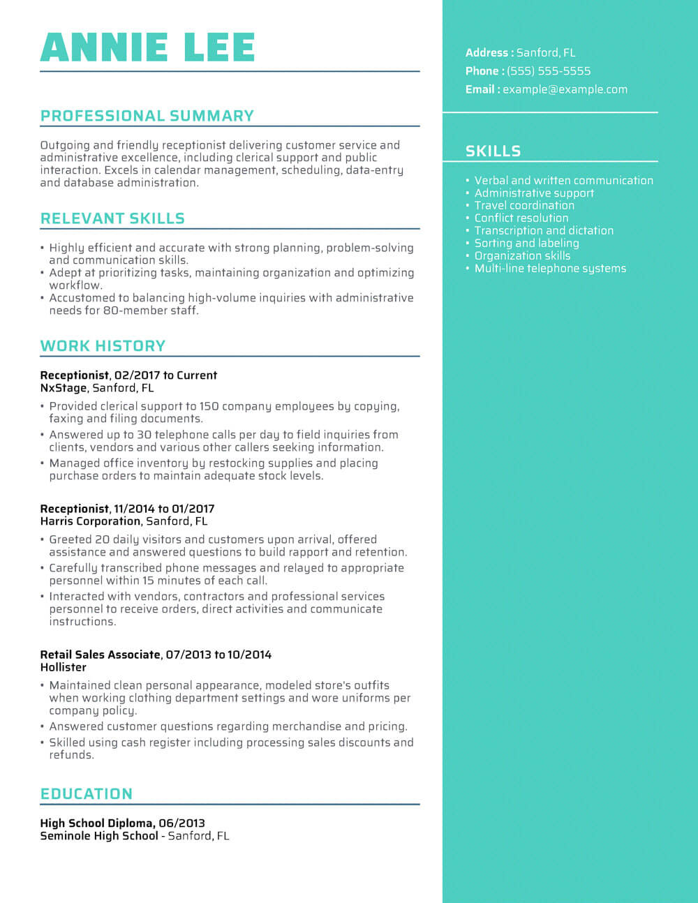 Receptionist resume sample