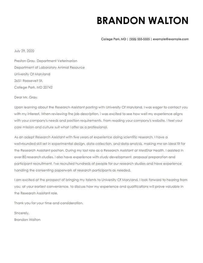 Research Assistant cover letter sample