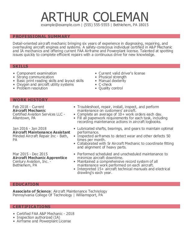 Aircraft Mechanic Combination Resume Sample