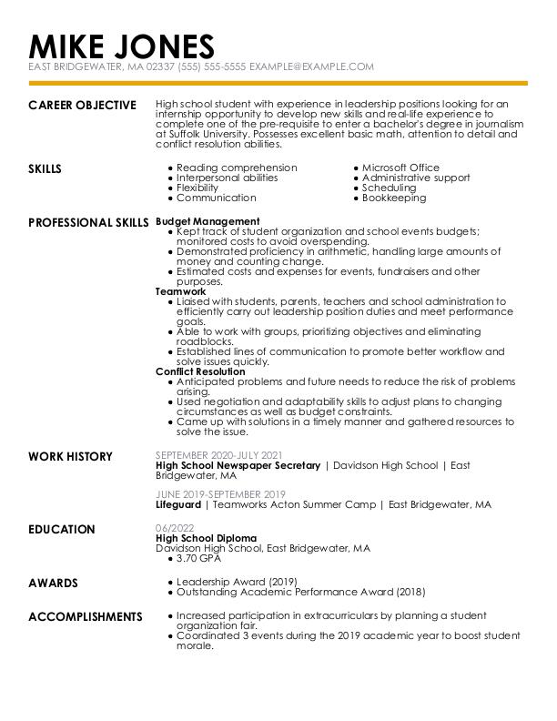 sample functional resume for high school student