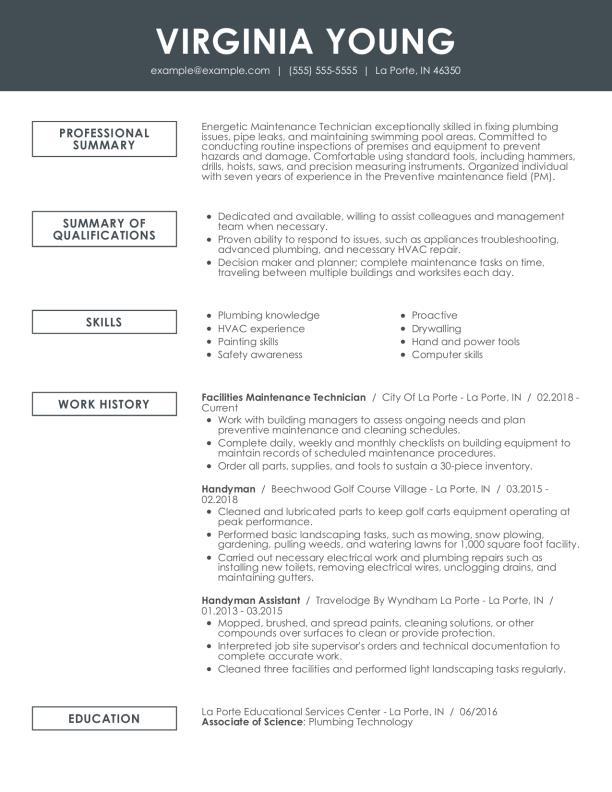 Maintenance Technician Combination Resume Sample