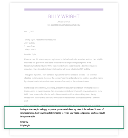 Retail Sales Associate Cover Letter Conclusion
