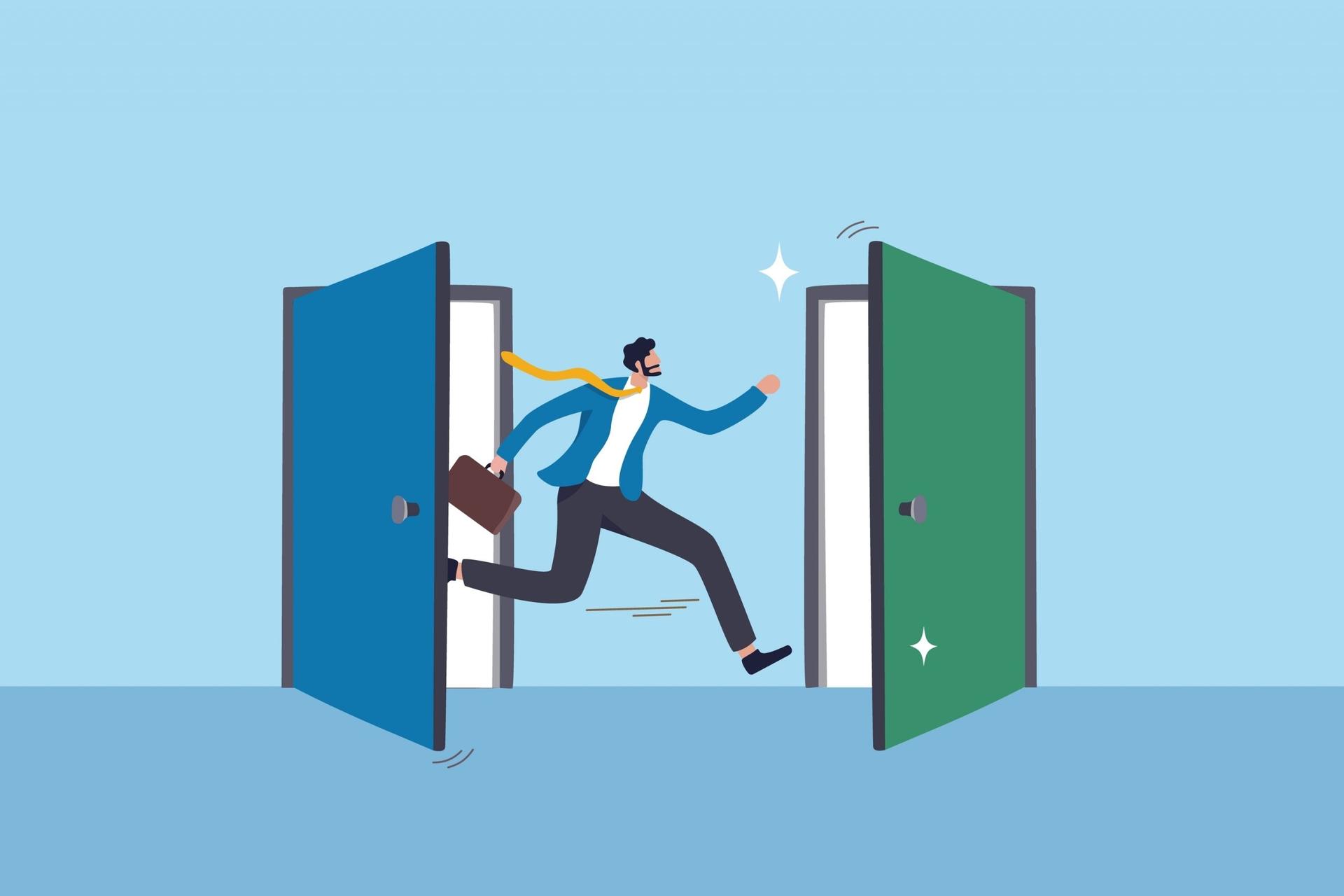 Illustration of professional man with briefcase striding from one door to another symbolizing a career change transition