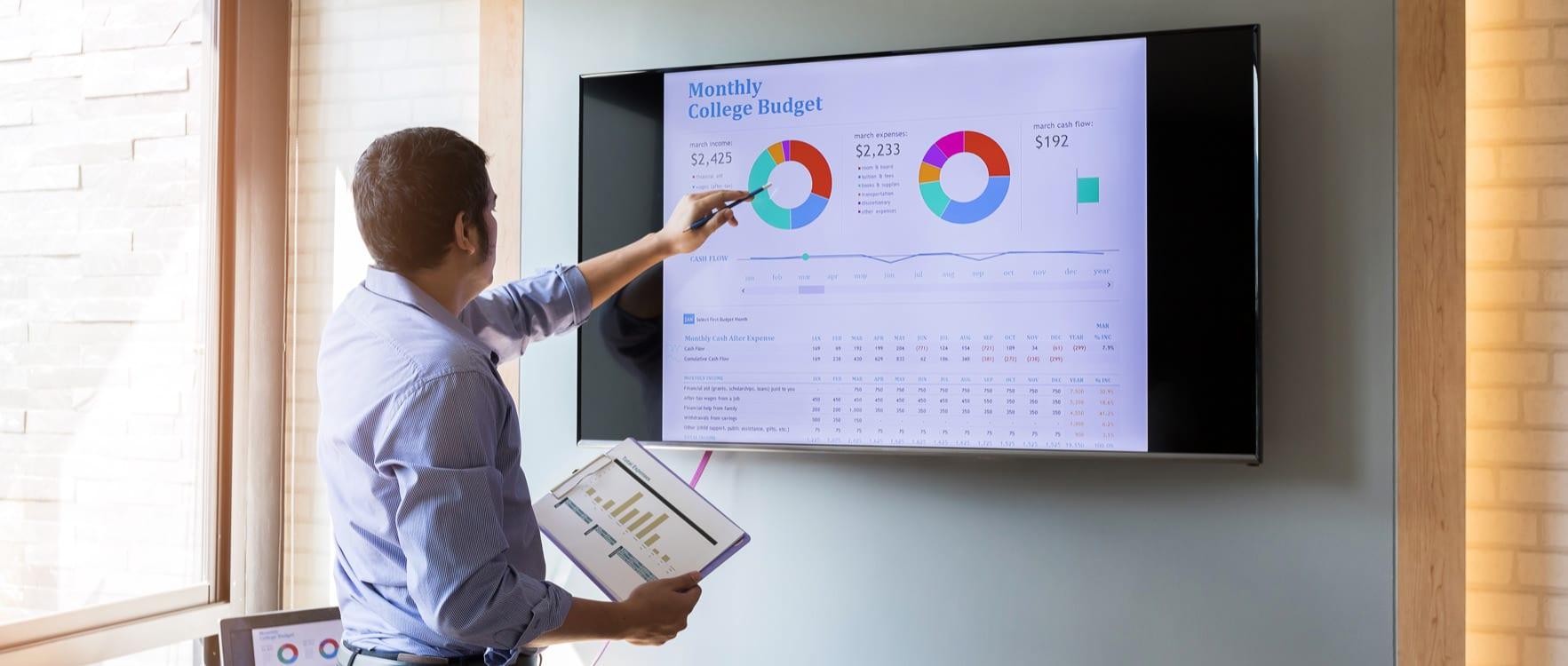 Businessman pointing at a monthly budget chart in a screen
