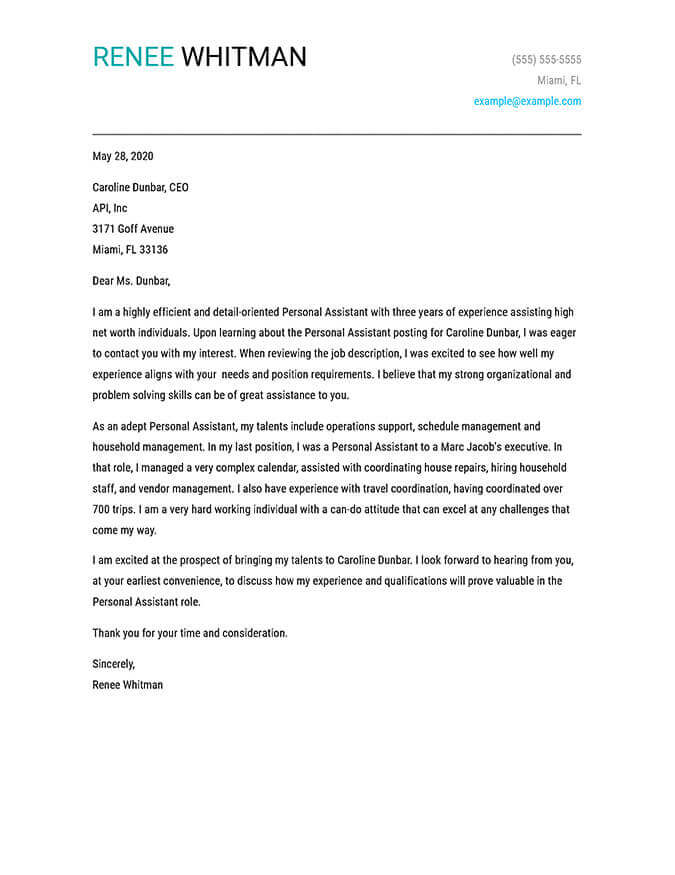 personal assistant cover letter jobhero