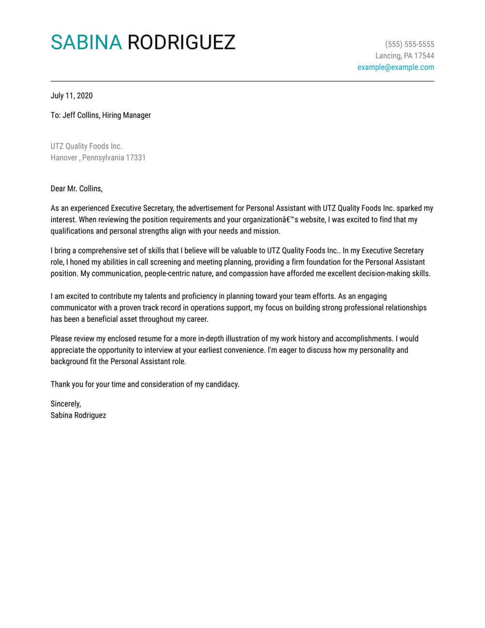 personal assistant cover letter sample
