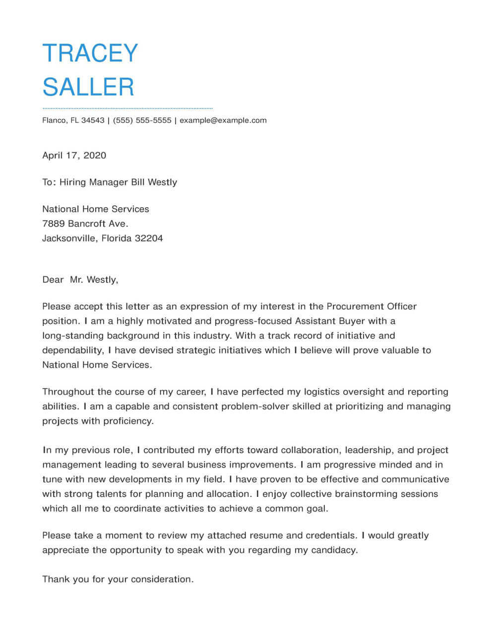 cover letter for assistant procurement officer