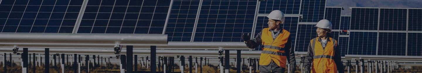 Two engineers walking through a solar panel farm